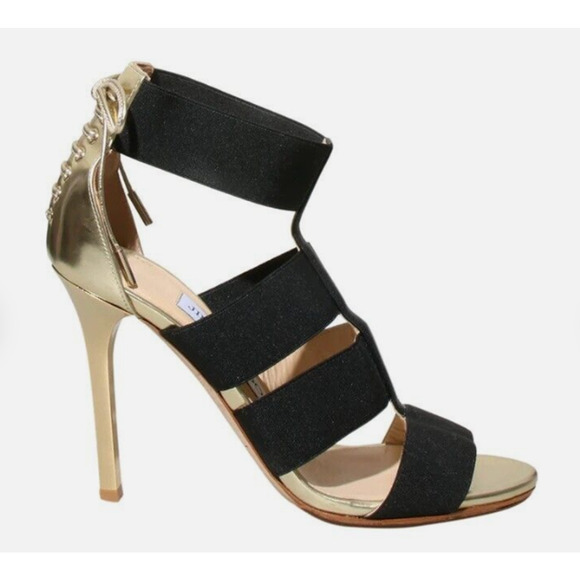 Jimmy Choo Gold Leather and Black Strap Stiletto Heel Peep Toe Sandals 39.5 - Picture 1 of 16